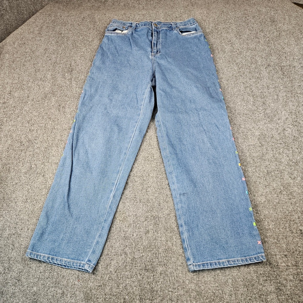 Quacker Factory Floral Embroidered Straight Leg Blue Denim Jeans Womens 12